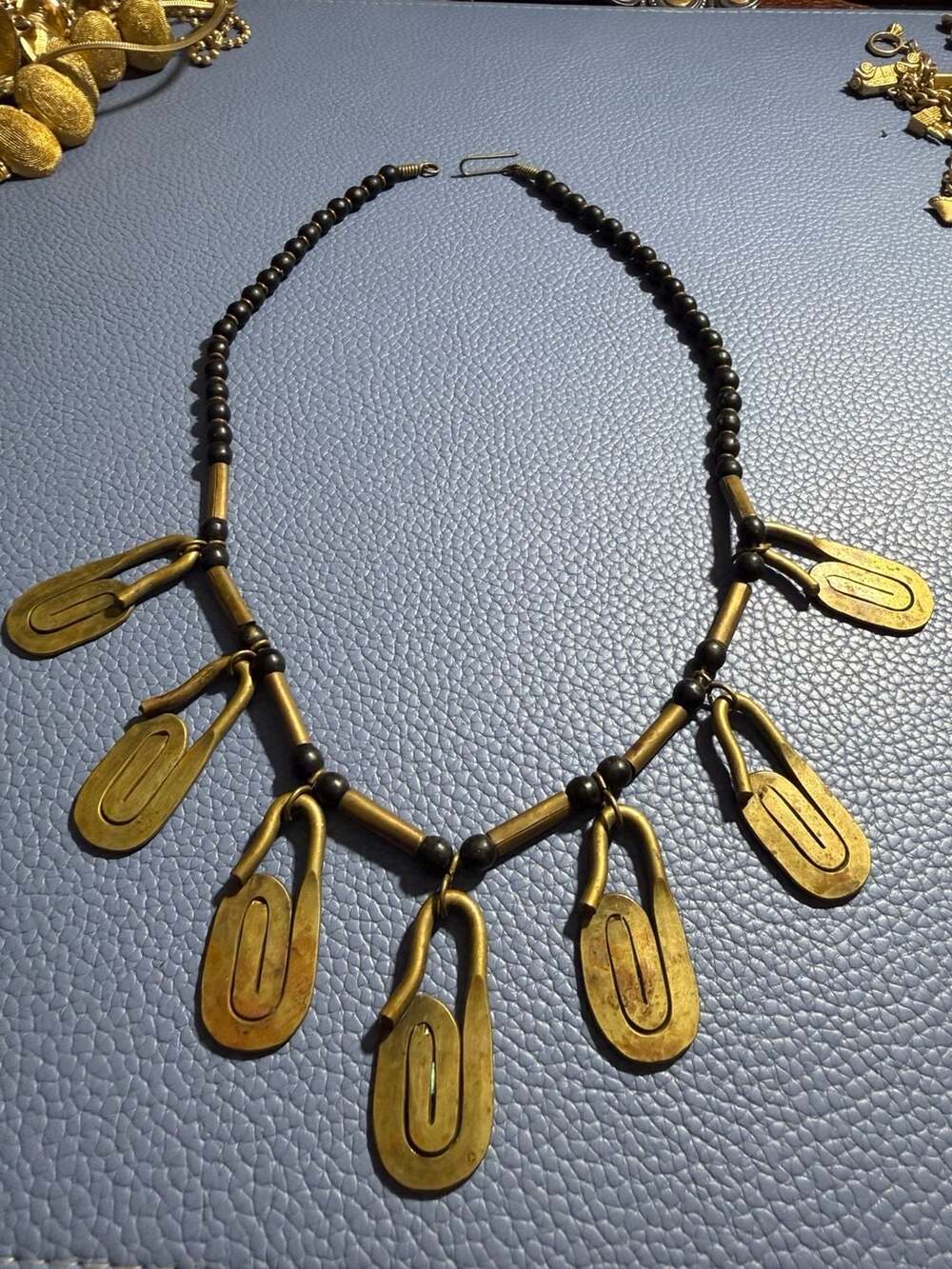 Vintage Artisan Brass & Black Bead Bib Necklace with Abstract Paperclip Charms